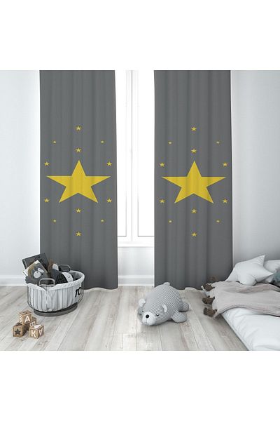 Talia Home Yellow Star Children's and Baby's Room Background Curtain 2 Wings Tla-255