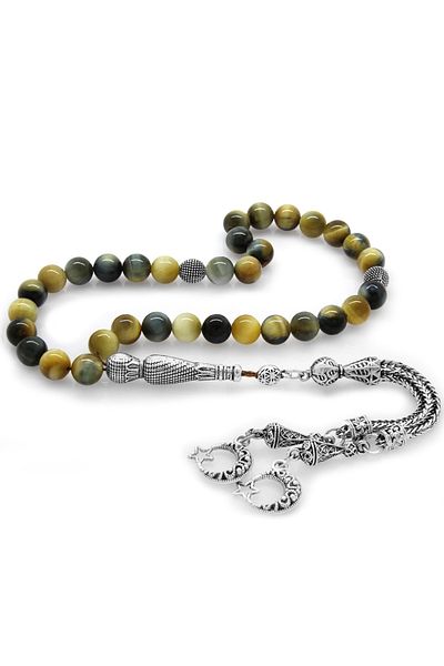 Tesbihane Non-Tarnish Metal - Tasseled Globe Cut Natural Stone Turtle Eye Rosary