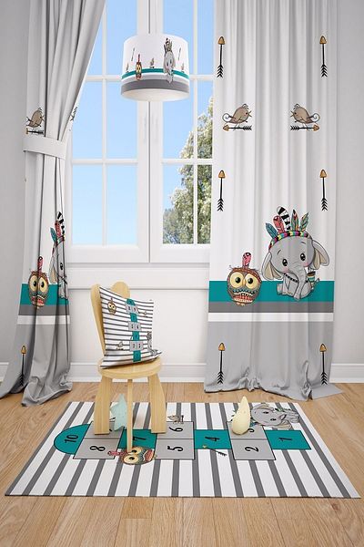 Talia Home Owl And Elephant Children's Room Background Curtain 2 Wings Tla-125