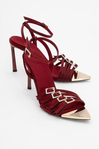 LuviShoes Auro Burgundy Satin Stone Buckle Women's Heeled Shoes