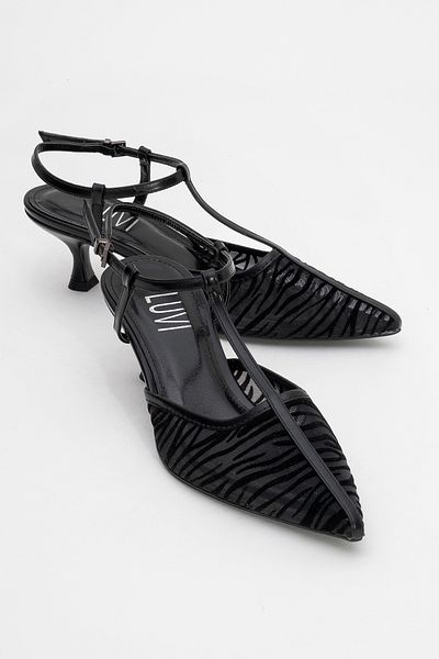 LuviShoes Lare Black Mesh Skin Patterned Pointed Toe Women's Short Heeled Shoes