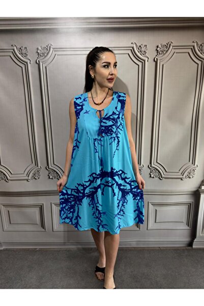 AGORATEKSTİL Γυναικείο φόρεμα με φούντα με χοντρό λουράκι από ύφασμα βισκόζης με 3 κουμπιά