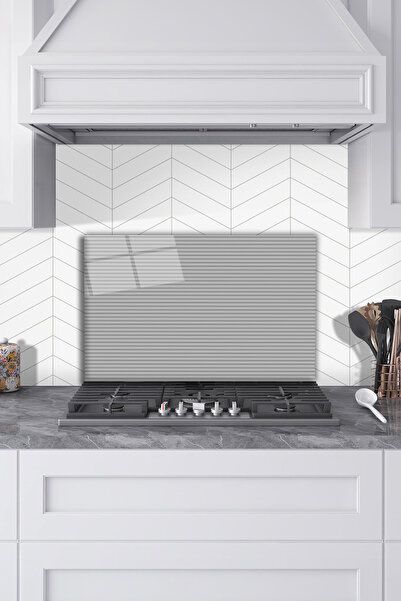 Rosyvien Gri Çizgili Tasarım Cam Ocak Arkası Koruyucu, Mutfak Ankastre ve Tez...