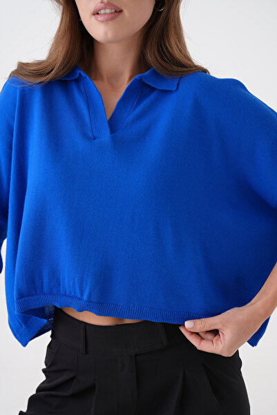 barış sülün lovebox Жіночий поло з низьким коміром, коротким рукавом, оверсайз, кроп-топ, синій трикотажний блуз 002