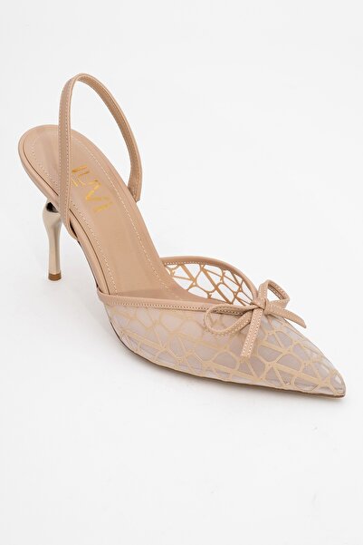 LuviShoes Peony Beige Mesh Bow Pointed Toe Women's Heeled Shoes