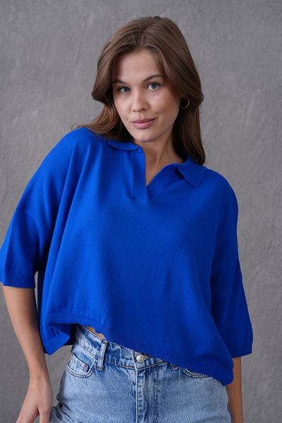 bayansepeti Women's Saks Blue Polo Neck Half Sleeve Oversize Summer Crop Knitwear Blouse 002