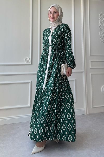 InStyle Triangle Pattern Marbled Viscose Green Dress