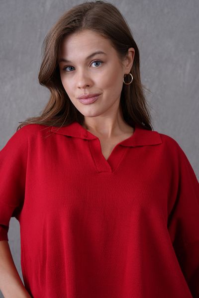 bayansepeti Women's Red Polo Neck Half Sleeve Oversize Summer Crop Knitwear Blouse 002