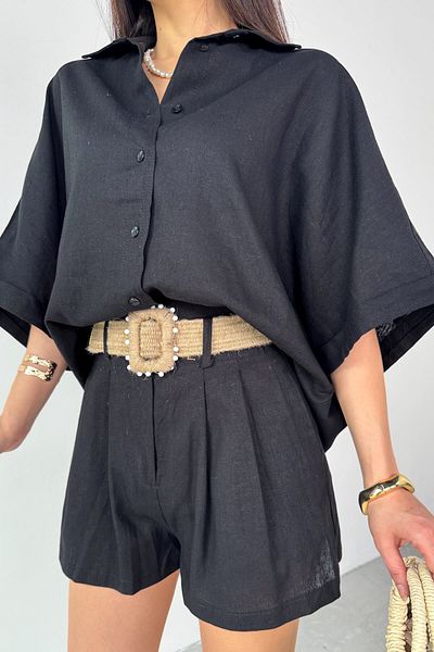 Cappmoda Tkm-51036 Black Shirt Straw Belt Shorts Double Set