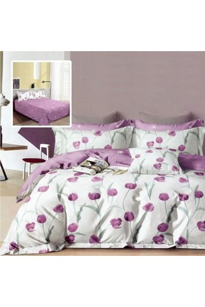 Pucioasa Double Bed Sheet Set Made of Fine Satin, Duvet Cover 200x220cm, 6 Pieces, Purple Tulips