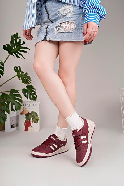 homiro Unisex Bağcıklı Cırtlı Spor Sneaker Ayakkabı-Bordo-Beyaz