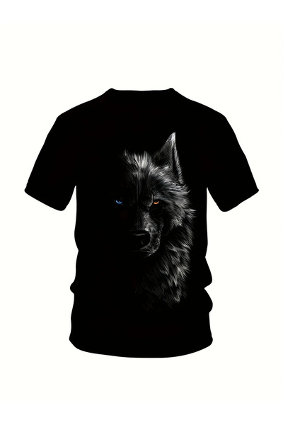 ACTIVE MODA - تيشيرت رجالي بأكمام قصيرة مطبوع عليه ذئب - شورت طقم مكون من قطعتين قطن مقاس كبير