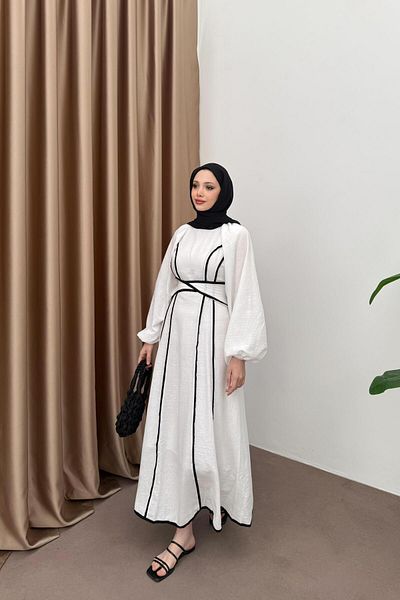 QUQA Striped Linen Dress with Waistband - Ecru