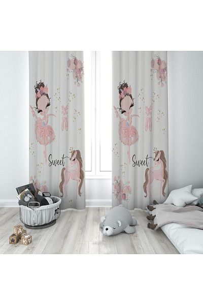 Talia Home Beige Ballerina Girl and Unicorn Patterned Children's and Baby's Room Background Curtain 2 Wings Tla-258