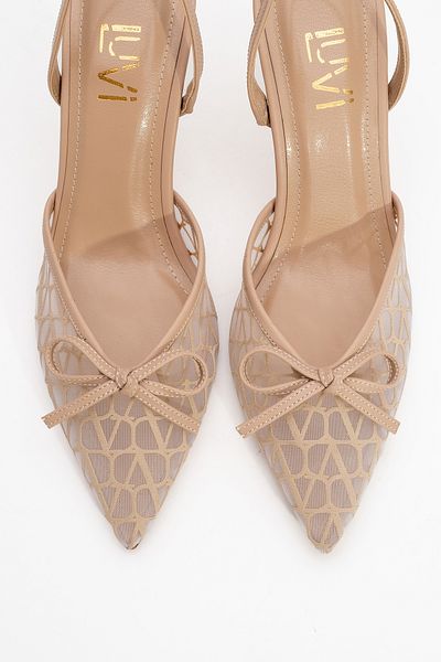 LuviShoes Pantofi cu toc de damă PEONY bej cu plasă cu fundă