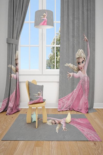 Talia Home Gray Elsa Children's and Baby's Room Elsa Background Curtain 2 Wings Tla-274