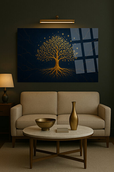 TAULART LACİVERT ARKA TEMADA GOLD DETAYLAR VE ALTIN AĞAÇ KIRILMAZ CAM TABLO E...