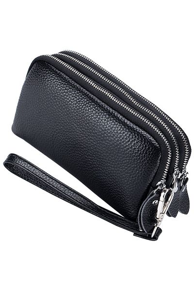 OEM Women's genuine leather wallet, 3 compartments, hand strap, roomy, 16x9.5x5 cm, Black
