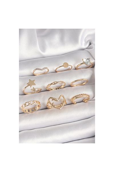 Marsilyan Brass Gold Color Zircon Stone Detailed Heart Star Figure Women's Ring Combination - Tj-Byk3662