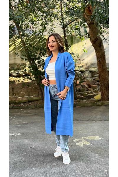 AYSL BUTİK Blue Side Slit Long Cardigan
