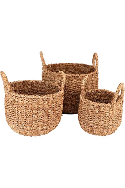 Bahçem سلة خوص من الأعشاب البحرية المزخرفة بمقبض، مجموعة دائرية مكونة من 3 قطع