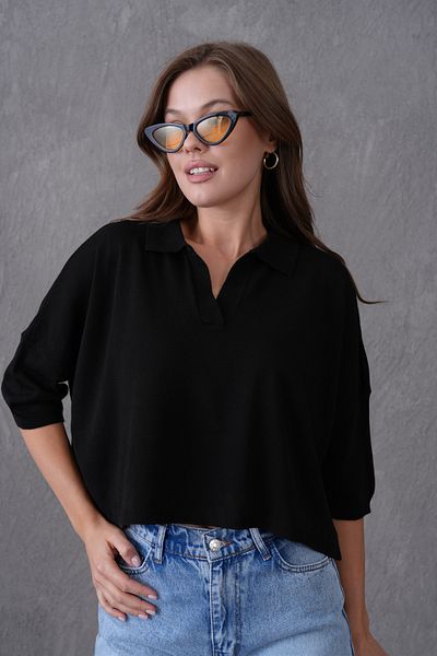 bayansepeti Women's Black Polo Neck Half Sleeve Oversize Summer Crop Knitwear Blouse 002