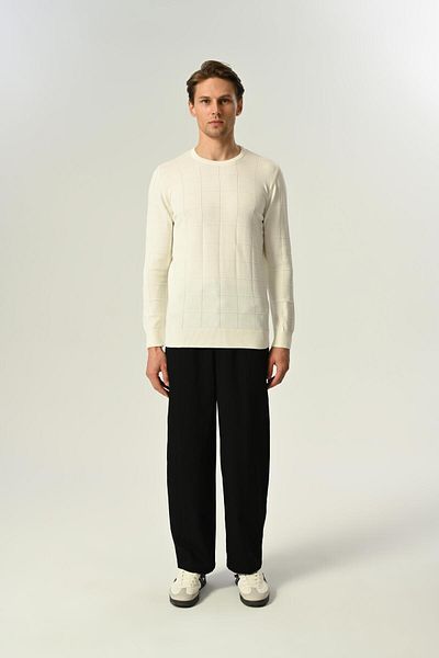 MFY Fashion Men's 100% Cotton Baklava Pattern Textured Knitwear Sweater Ecru