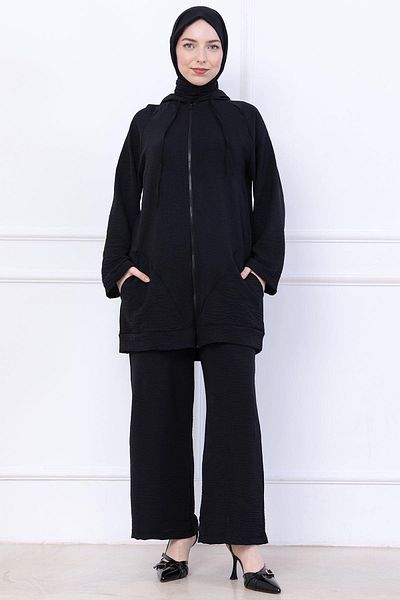 hafsamina Hooded Kangaroo Pocket Zippered Ayrobin Suit Black Hm2731