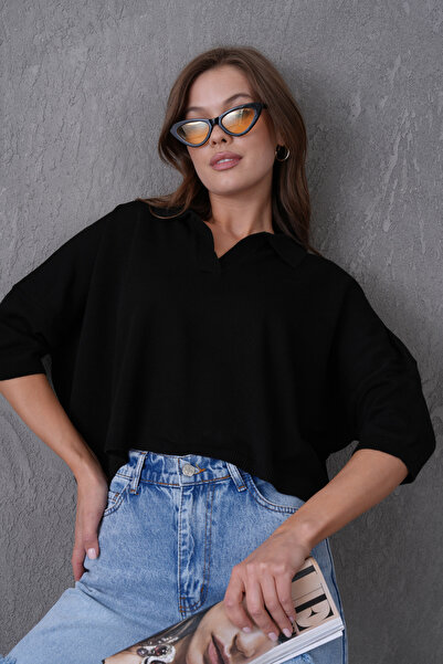 bayansepeti Women's Black Polo Neck Half Sleeve Oversize Summer Crop Knitwear Blouse 002
