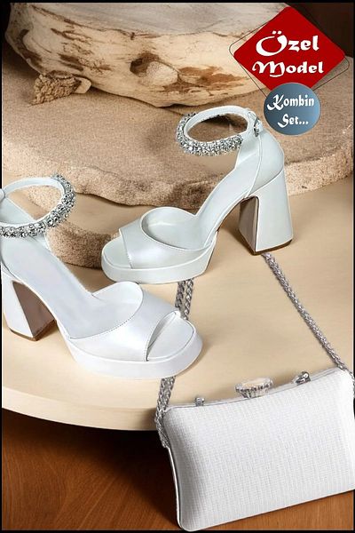 Blackroses White Skin Stone Ankle Lacing and Combination Bag Platform Heeled Wedding Dress Shoes