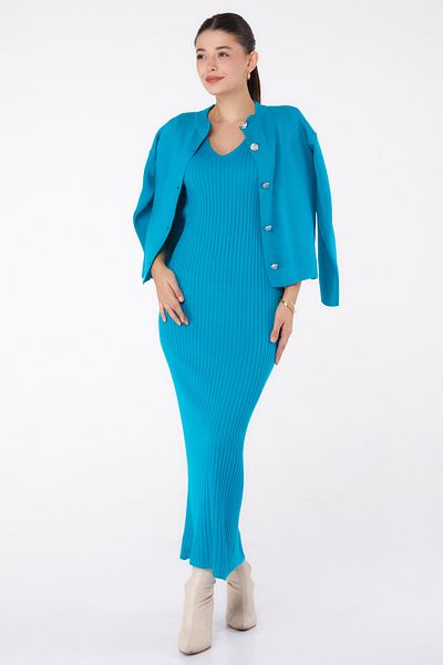 TOFİSA Knitwear Crop Dress Double Set Turquoise - 26425
