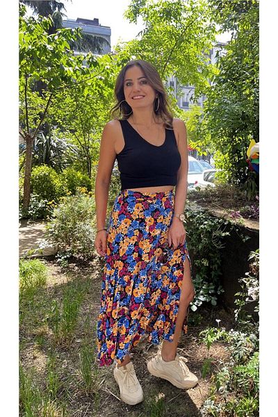 Quzu Floral Patterned Slit Skirt