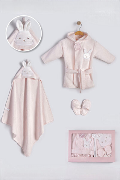 Cherub Baby Tavşan Nakışlı Şapkalı Organik Yenidoğan Kız Bebek Havlu Bornoz Seti Organik - Bebek Doğum Hediyesi