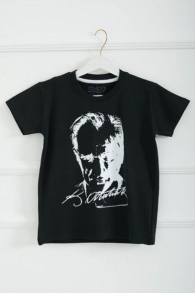 TOFİSA Boy's Black Crew Neck Ataturk Printed Short Sleeve Unisex T-Shirt - 26847