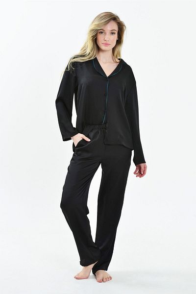 Magic Form Set pijamale din satin cu nervuri (TIE NEGRĂ)
