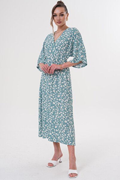 Siyezen Double Breasted Collar Elastic Waist Daisy Pattern Dress