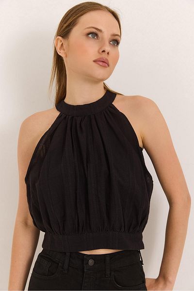 Raneel Kazançlı Alışveriş Halter neck low back belted woven linen blouse black