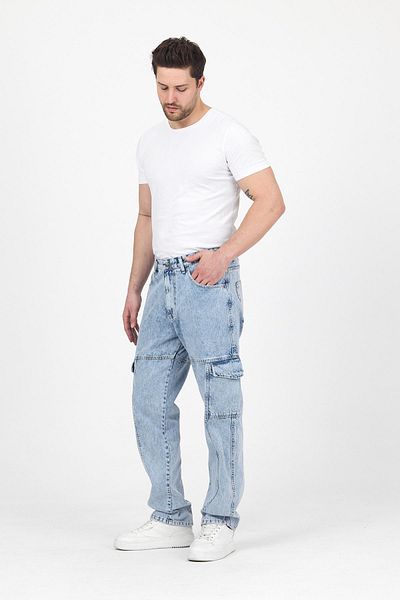 DAMGA JEANS Men's Wide Leg Cargo Pocket Jeans Ice Blue Baggy Trousers