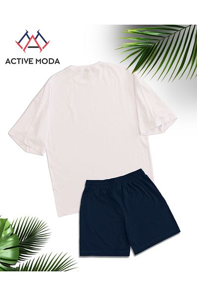ACTIVE MODA -قميص رجالي بأكمام قصيرة بدون طباعة - شورت طقم مكون من قطعتين مقاس كبير من القطن