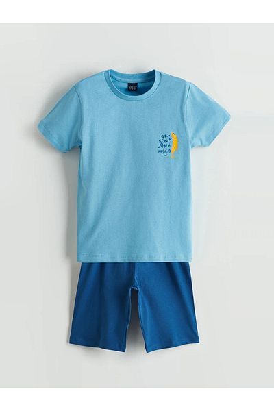 LC Waikiki Lcw Eco Blue Crew Neck Boy's Pajamas Set with Shorts
