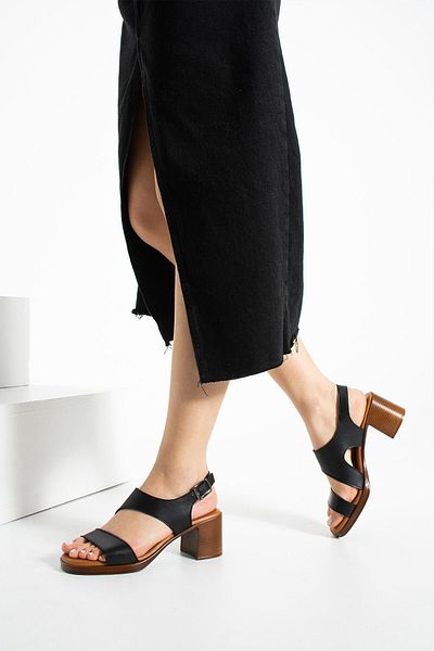 Getcho Monreo Women's Black Heeled Sandals Wide Buckle Strap Casual Shoes Summer Comfortable Stylish Model