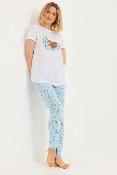 Raneel Kazançlı Alışveriş Printed Short Sleeve Pajama Suit White