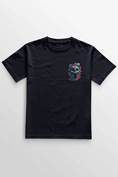 Kretas Unisex tamnoplava T-shirt majica sa šešerom od šećera, kosturom, ružin...