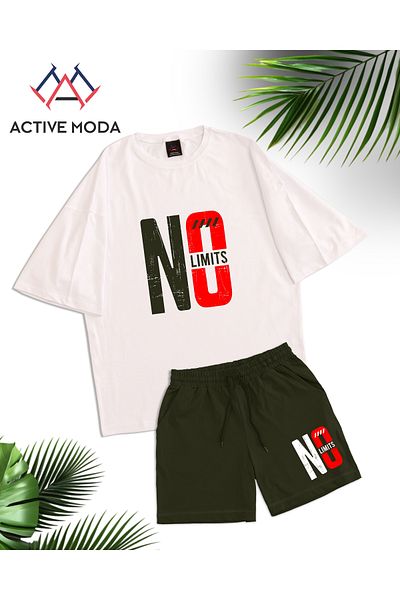 ACTIVE MODA -قميص رجالي بأكمام قصيرة بدون طباعة - شورت طقم مكون من قطعتين مقاس كبير من القطن
