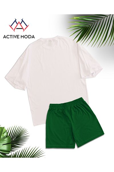ACTIVE MODA -قميص رجالي بأكمام قصيرة بدون طباعة - شورت طقم مكون من قطعتين مقاس كبير من القطن