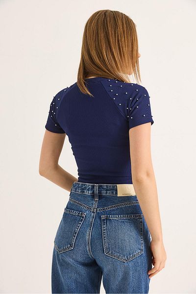 Raneel Kazançlı Alışveriş Regular Stone Detailed Ottoman Crop Blouse Saks