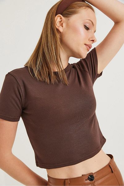 Raneel Kazançlı Alışveriş Crew Neck Stretchy Crop Blouse Brown