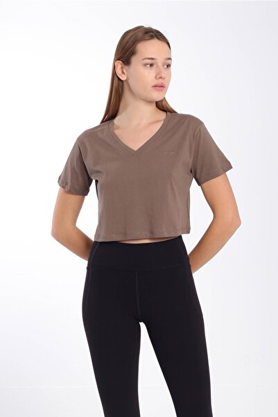 MARATON توب قصير نسائي عادي برقبة على شكل حرف V بلون الكاكاو