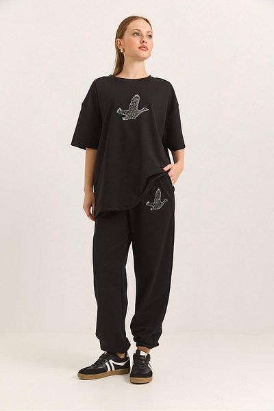 Raneel Kazançlı Alışveriş Print Detailed Short Sleeve Tracksuit Suit Black