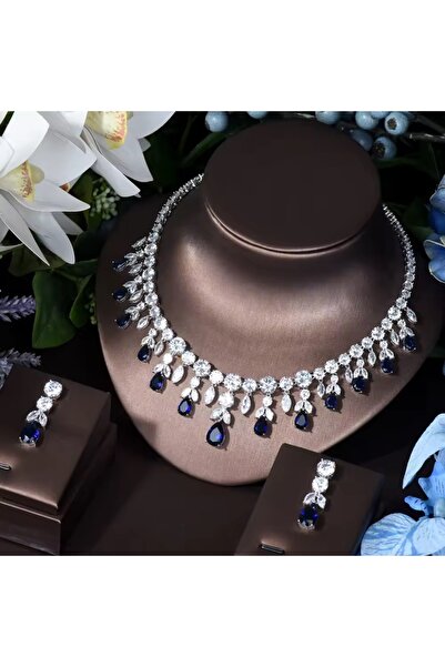 VİYA Azalea Mavi Zirkon Taşlı Kolye Küpe Set Düğün Nişan Seti